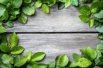 Poster - Green Leaves Border Framing a Natural Wooden Background for EcoFriendly Design Theme : Generative AI