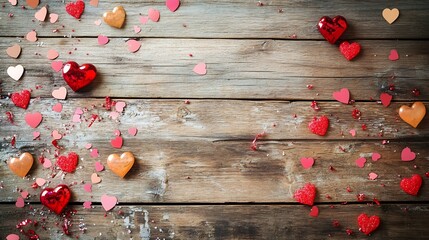Poster - Rustic Wooden Background with Scattered Red and Pink Valentine's Day Heart Decorations : Generative AI
