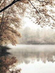 Poster - Serene Autumn Lake Scene with Mist and Reflected Trees in a Forest Setting : Generative AI