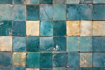 Poster - Vintage Blue and Yellow Tile Pattern with Weathered Stone Texture : Generative AI