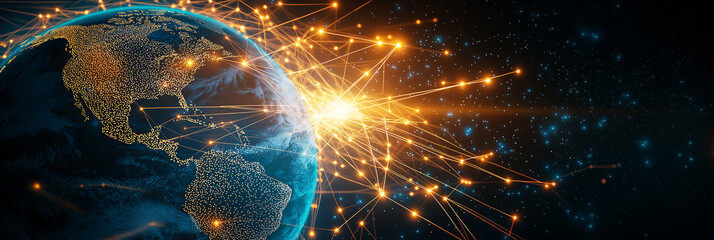 Wall Mural - vibrant global network concept showcasing glowing connections around Earth, symbolizing communication and technology. image evokes sense of interconnectedness and innovation