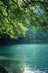 Aufkleber - Serene Lake Landscape with Lush Green Foliage Reflecting Summer Ambience and Calm Waters : Generative AI