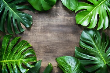 Poster - Tropical Monstera Leaves Frame on Wooden Background for Nature Inspired Design : Generative AI