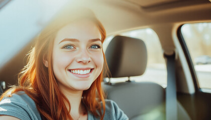 Wall Mural - Red-haired woman with a big smile sitting in a car, enjoying a relaxed ride on a bright sunny day.