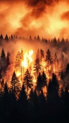 Poster - Intense wildfire rapidly spreading through a dense coniferous forest, engulfing trees in flames and producing thick smoke plumes under a fiery sky during a devastating natural disaster