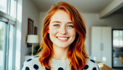 Wall Mural - Warm portrait of a young woman with a cheerful smile in a cozy, well-lit modern room, exuding positive vibes