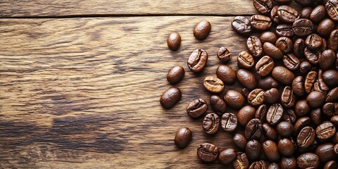 Poster - Rustic Roasted Coffee Beans on Vintage Wooden Tabletop with Rich Aromatic Texture : Generative AI