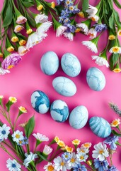 stylish easter eggs and spring flowers border on pink paper flat lay space for text modern natural d