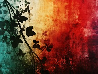 Poster - Abstract Silhouette of Leaves on Rustic Multicolor Grunge Background Backdrop : Generative AI