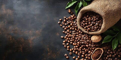 Poster - Roasted Coffee Beans Spilling from Burlap Sack on Rustic Table : Generative AI