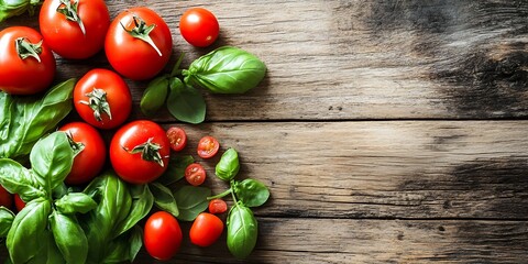Aufkleber - Fresh red tomatoes and basil leaves on rustic wooden background : Generative AI