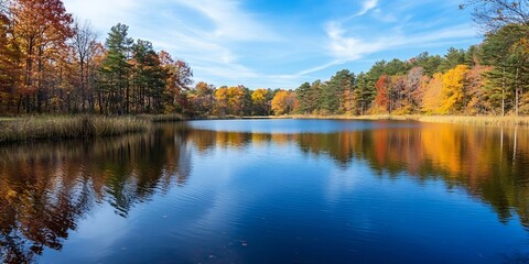 Poster - Serene autumn lake with colorful trees and clear blue sky reflection : Generative AI