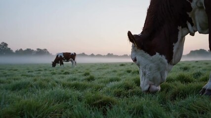 Poster - Misty pastoral landscape featuring hereford cow grazing peacefully at dawn, soft light illuminating grassy meadow with second cow foraging in background