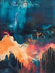 Aufkleber - Bold Abstract Expressionist Painting with Dramatic Blue and Orange Color Palette and Textured Brushwork : Generative AI