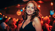 © Evgenii Starkov - Portrait of a red-haired woman smiling in a festive indoor setting with warm lighting and lively ambiance.