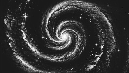 Fototapete - Deep space scene background in stippling style with huge spiral galaxy glowing in the endless universe. Milky Way galaxy. Retro styled dotwork. Pointillism. Shading using dots. Vector illustration