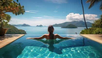 Wall Mural - relaxing in a vibrant infinity pool with stunning summer views of the ocean and mountains