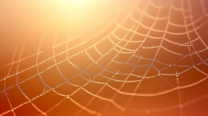 detailed shot of spider web glistening with dew, showcasing intricate patterns and delicate droplets. warm background adds serene and enchanting atmosphere