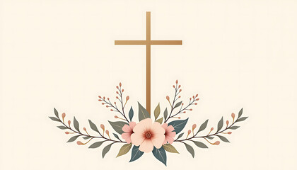 Wall Mural - Floral cross design with pink flowers and greenery