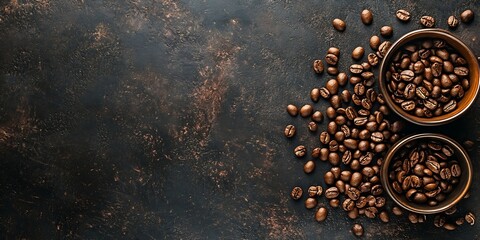 Poster - Coffee Beans and Ceramic Cups on Rustic Dark Background for Cafe Design Concept : Generative AI