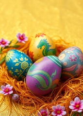 Vibrant easter eggs on a textured golden background perfect for spring celebrations and festive decor with a playful dragon theme easter border border easter spring decoration background card frame ho