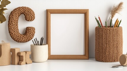 Poster - Picture frame and pencil holder on a modern wooden desk with stationery items and a bright workspace