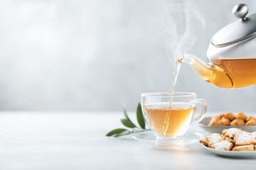 warm composition of teapot pouring tea into glass cup with plate of traditional snacks nearby creating festive ambiance