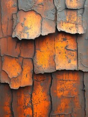 Poster - Textured surface with peeling orange paint and dark cracks creating a rustic abstract pattern