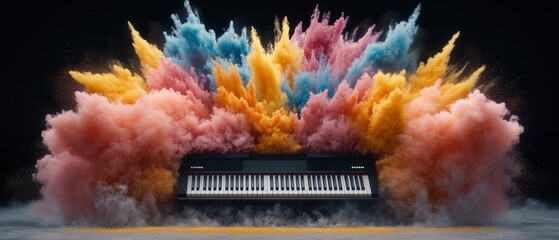 Poster - Piano with colorful smoke billowing out in artistic display of creativity and music