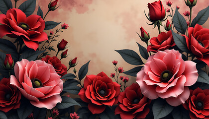 Wall Mural - Floral illustration with red and pink roses on soft background