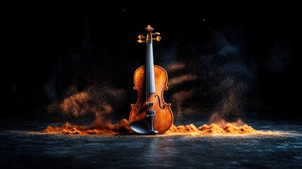 Poster - Violin burning with flames creating dramatic visual effect on dark background
