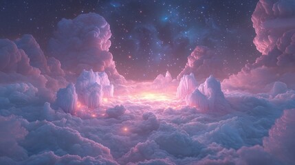 Poster - Celestial dreamscape fantasy world digital art ethereal clouds aerial perspective surreal atmosphere