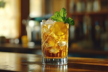 Poster - Refreshing iced drink with lemon and mint on wooden bar top in soft light setting