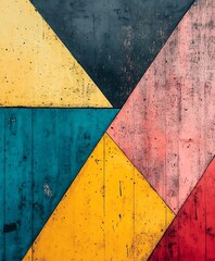 Fototapete - Colorful Abstract Geometric Art on Rustic Wooden Surface with Vibrant Triangular Shapes : Generative AI