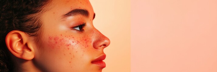 Poster - Split face comparison highlighting acne and smooth skin, revealing skin care transformation and wellness journey. Generative AI