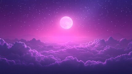 Wall Mural - Dreamy night sky with full moon above purple clouds and distant mountains in a serene scene