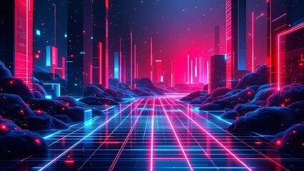 Futuristic digital technology background with glowing particles and abstract grid, representing innovation and data flow.