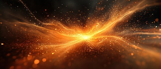 Poster - Golden cosmic explosion with bright particles flowing through dark space abstract background