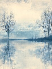 Aufkleber - Serene Frosty Winter Scene with Leafless Trees Reflected in Icy Lake : Generative AI