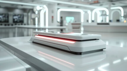 Poster - A sleek, white device equipped with glowing LED lights sits on a polished table in a modern exhibition space. The clean lines and ambient lighting highlight the advanced technology and design.