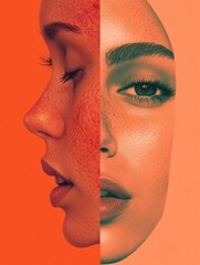 Poster - Comparison of skin conditions highlighting acne and redness on one side and smooth glowing skin on the other side. Generative AI