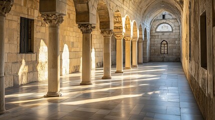 Poster - tranquil medieval cloister corridor with sunlit stone columns and archways : generative ai