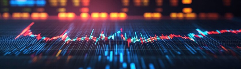Poster - A colorful digital graph displaying fluctuating data trends against a dark background, emphasizing analysis and visualization.