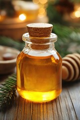 Poster - Golden honey in glass bottle with cork stopper on rustic wood surface with soft light