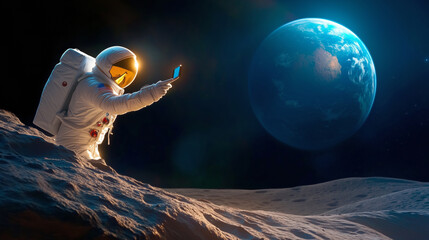 Wall Mural - an astronaut in a white space suit captures photos of earth from