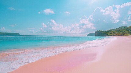 Aufkleber - Discover a breathtaking pink sand beach where turquoise waves gently kiss the shore. The vibrant colors and bright sunshine create a serene and enchanting environment that delights the soul