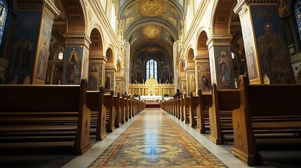 Fototapete - Majestic Interior of Historic Cathedral with Ornate Architecture and Stained Glass Windows : Generative AI