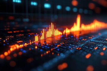 Poster - A vibrant digital visualization of sound waves, showcasing a wave pattern in bright orange and blue against a dark background.