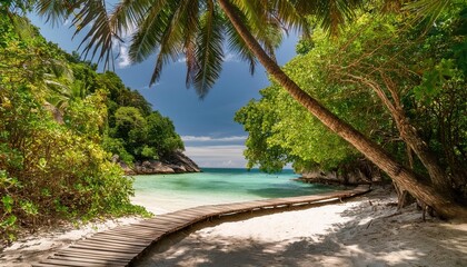 Wall Mural - serene summer getaway along a vibrant coastal pathway surrounded by lush greenery