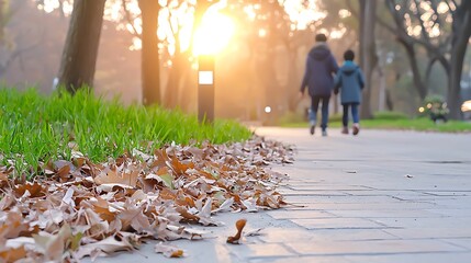 Canvas Print - Two people walking hand in hand along a leaf-strewn path at sunset in a serene park